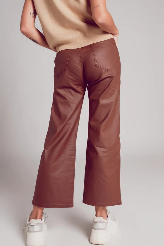 Faux leather wide leg trouser in brown - Pants