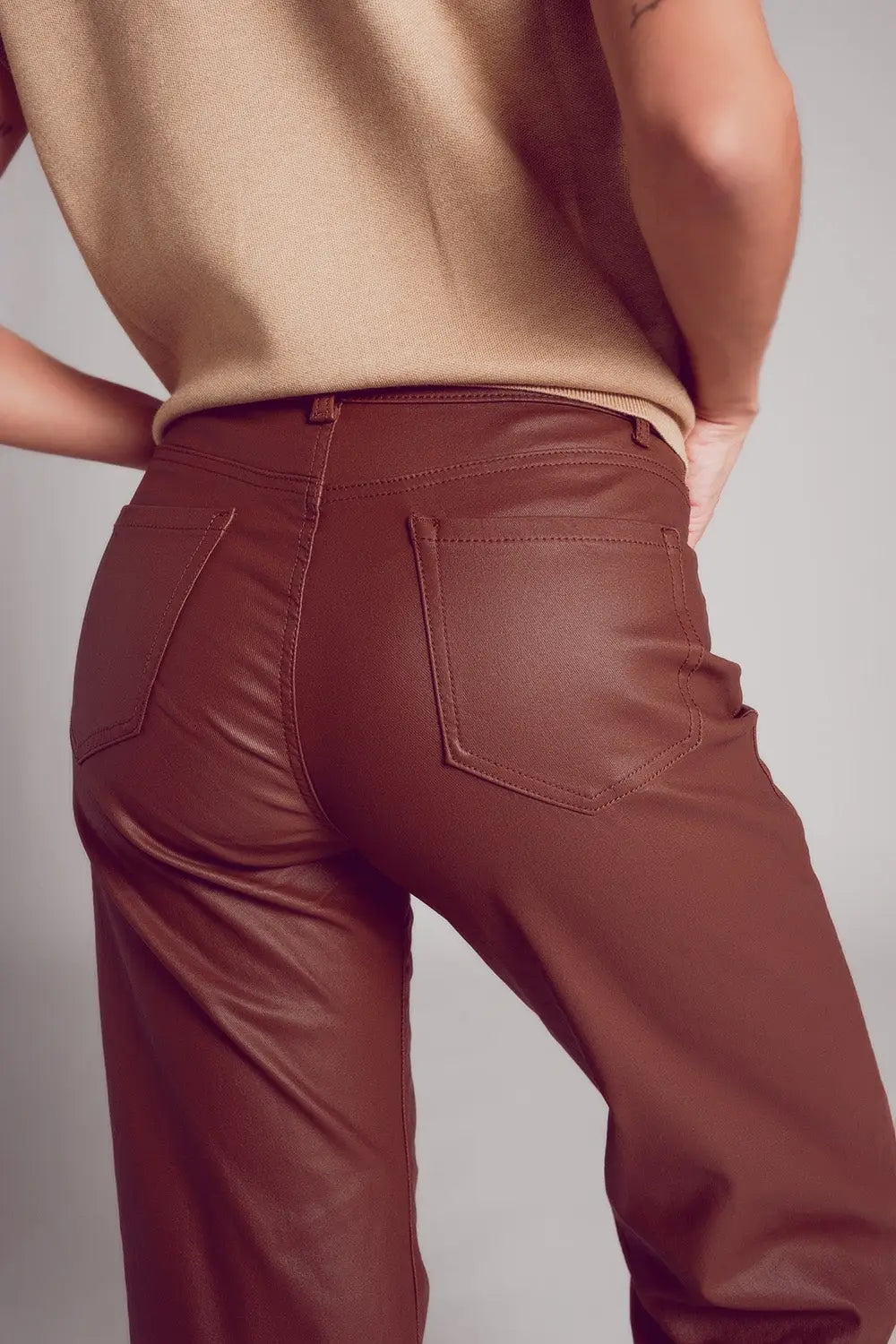 Faux leather wide leg trouser in brown - Pants