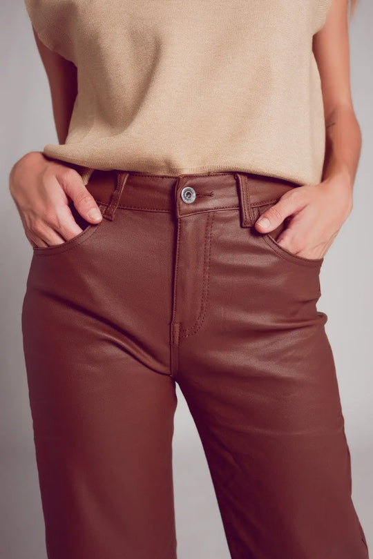 Faux leather wide leg trouser in brown - Pants