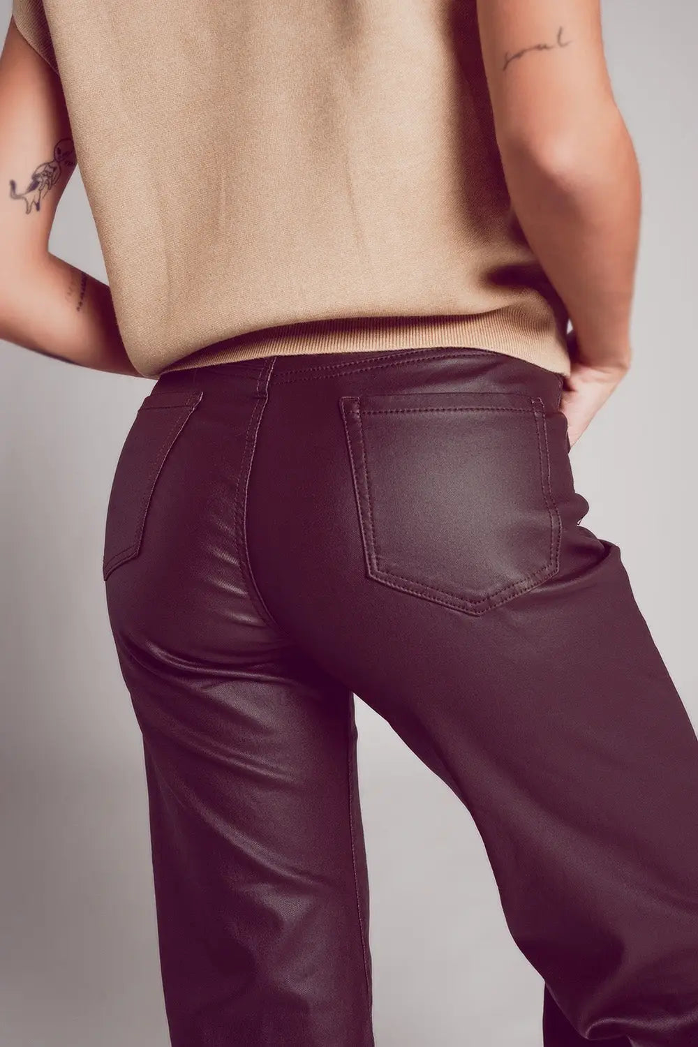 Faux leather wide leg trouser in chocolate brown - Pants