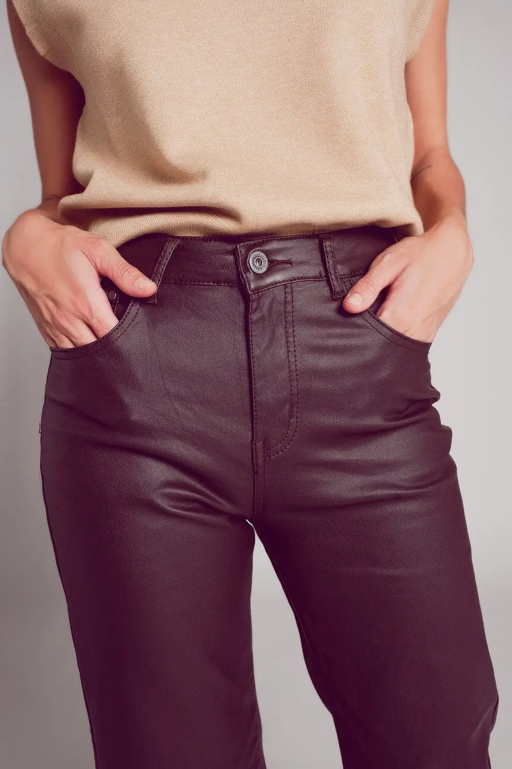 Faux leather wide leg trouser in chocolate brown - Pants