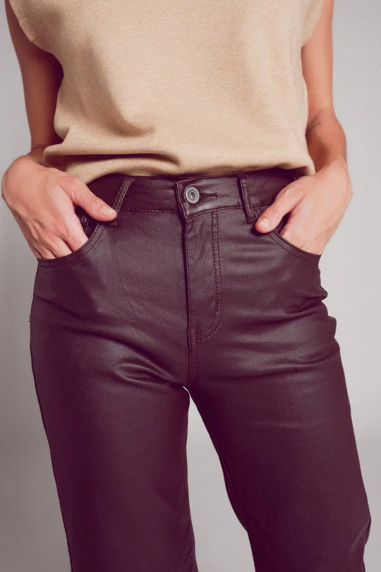 Faux leather wide leg trouser in chocolate brown - Pants