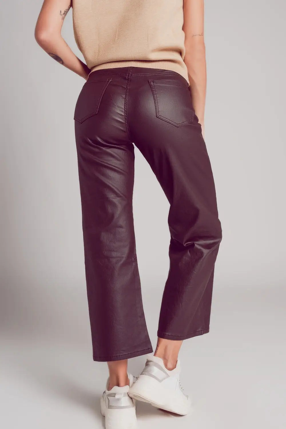 Faux leather wide leg trouser in chocolate brown - Pants
