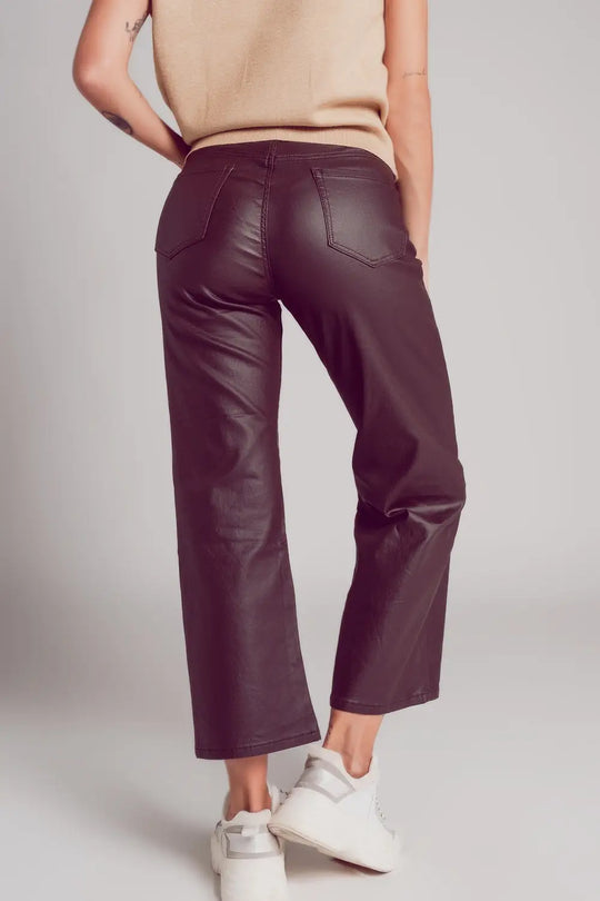 Faux leather wide leg trouser in chocolate brown - Pants