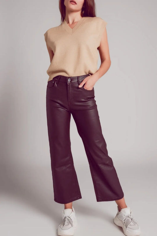 Faux leather wide leg trouser in chocolate brown - Pants