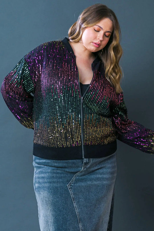 ENTERTAIN ME SEQUIN BOMBER JACKET - MAGEMTA / 1X - TOPS