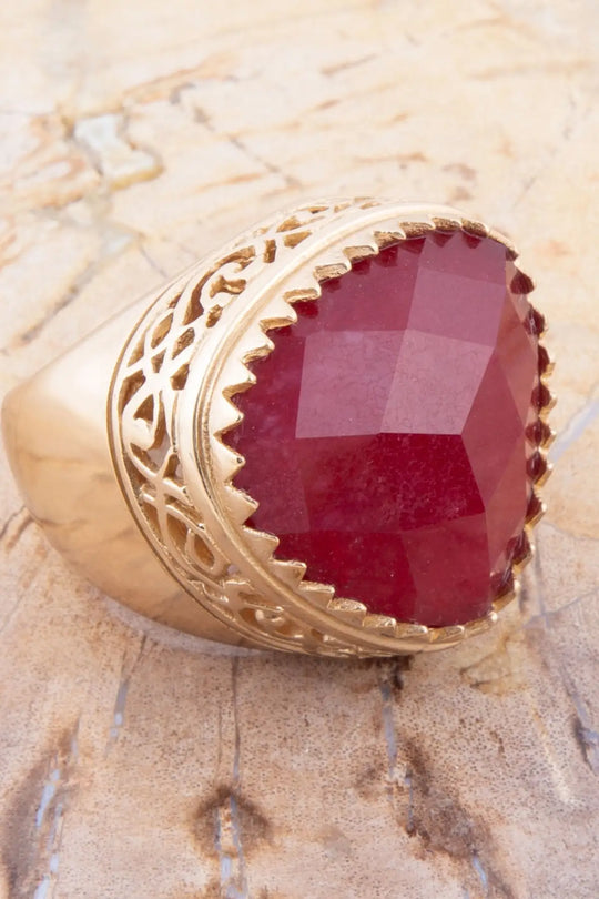 Filigreed Merlot Red Quarrtz Golden Statement Ring - Rings