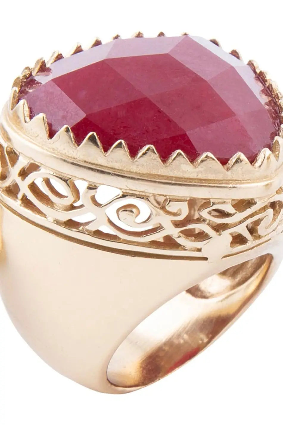 Filigreed Merlot Red Quarrtz Golden Statement Ring - Rings