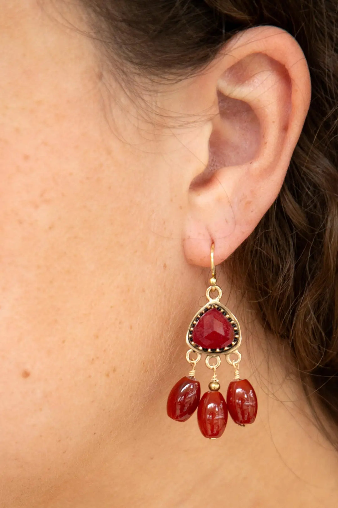 Filigreed Merlot Red Quartz Golden Drop Earrongs - Earrings