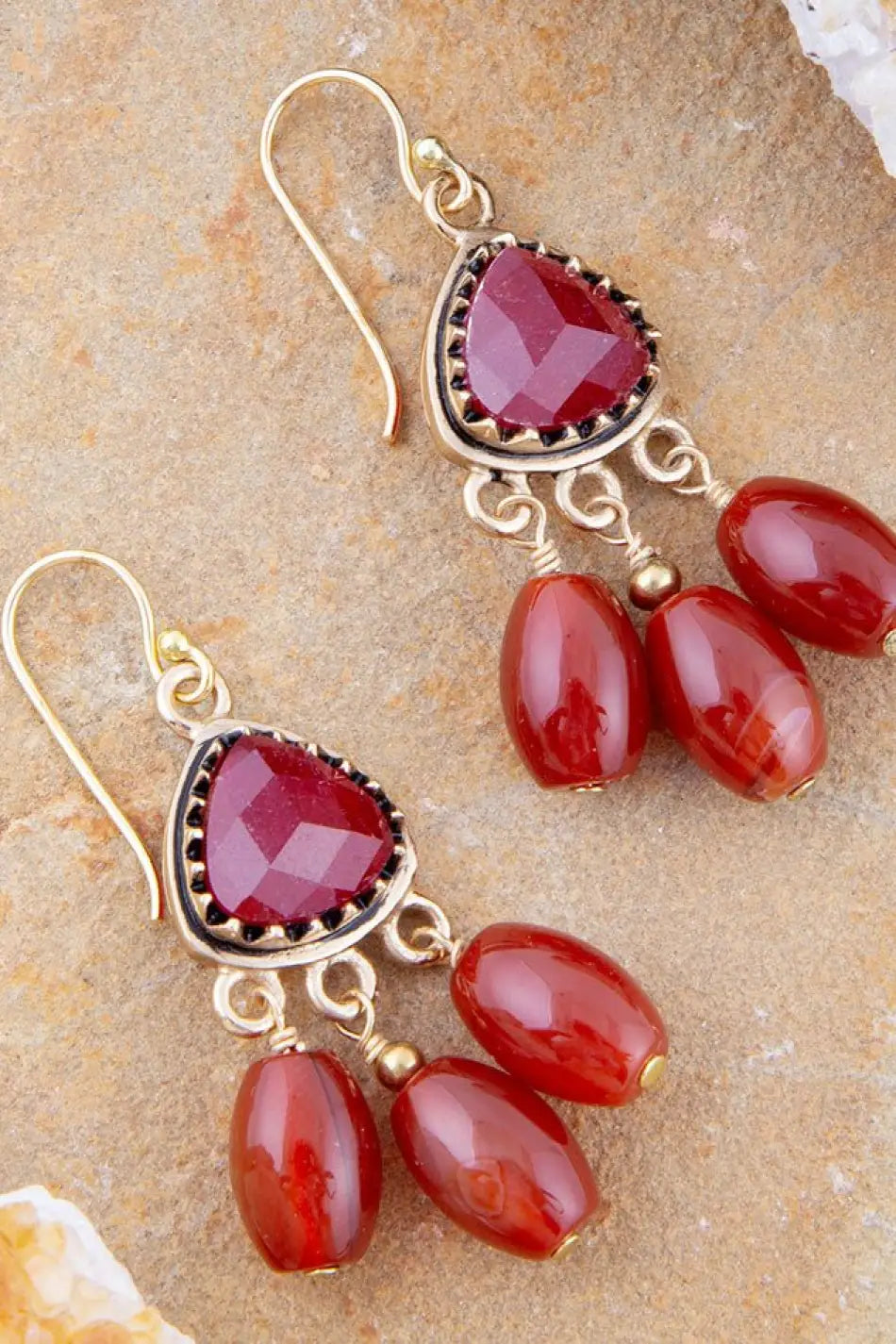 Filigreed Merlot Red Quartz Golden Drop Earrongs - Earrings