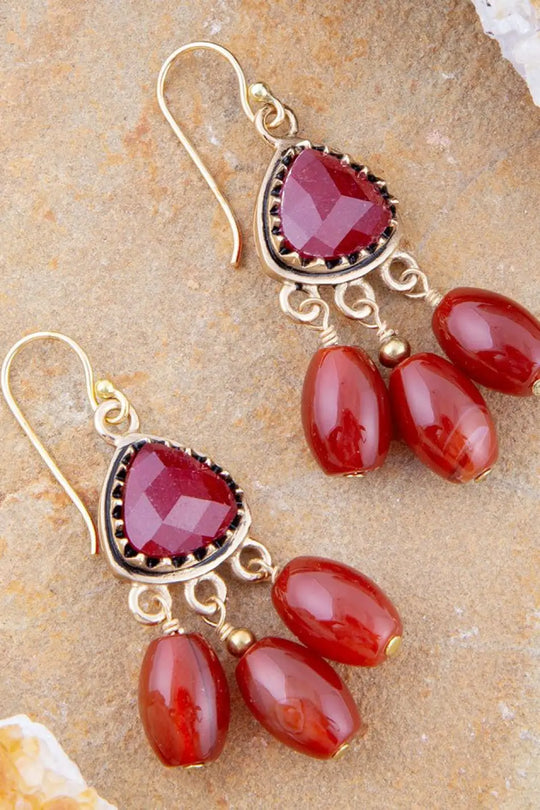 Filigreed Merlot Red Quartz Golden Drop Earrongs - Earrings