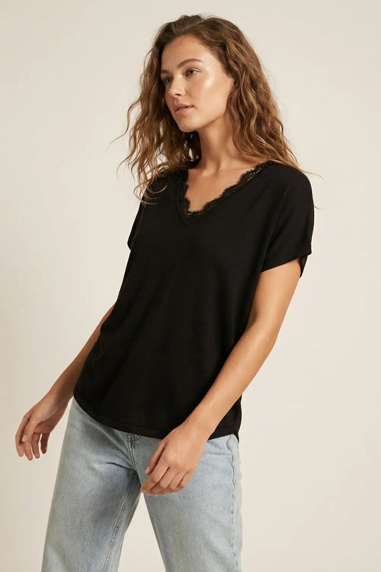 Fine and soft knit sweater with V-neck and lace trim in brown - One Size / Brown