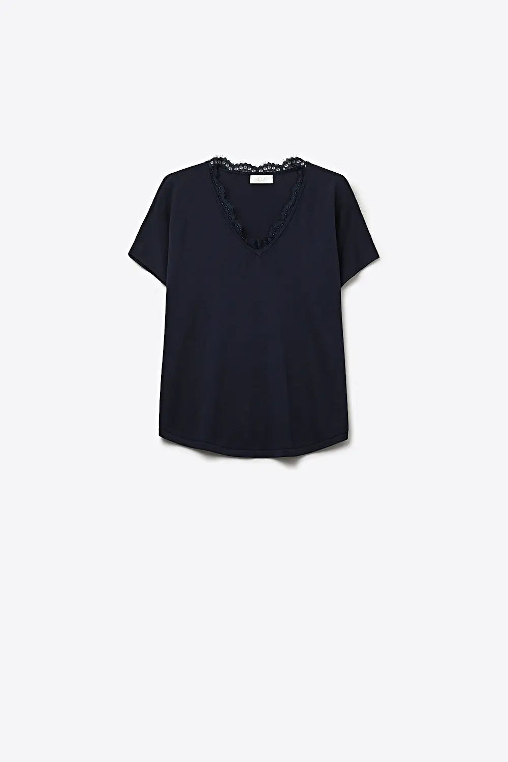 Q2 Fine and soft knit sweater with V-neck and lace trim in navy