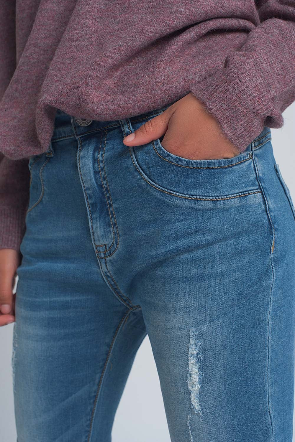 Fine denim ripped boyfriend jean in mid wash