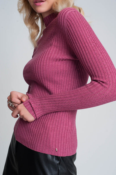 Fine gauge high neck sweater in fuchsia