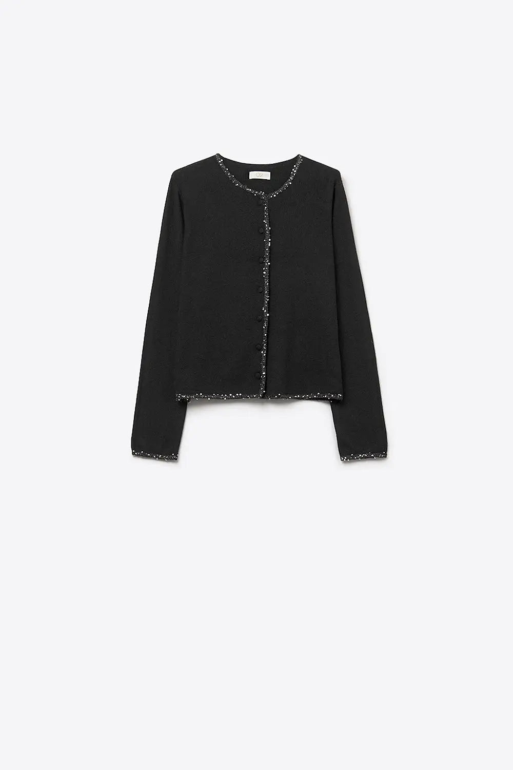 Q2 fine knit black cardigan with rhinestone detail