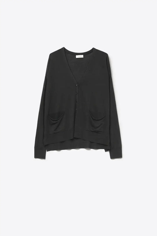 Q2 Fine Knit Cardigan with Front Pockets in black