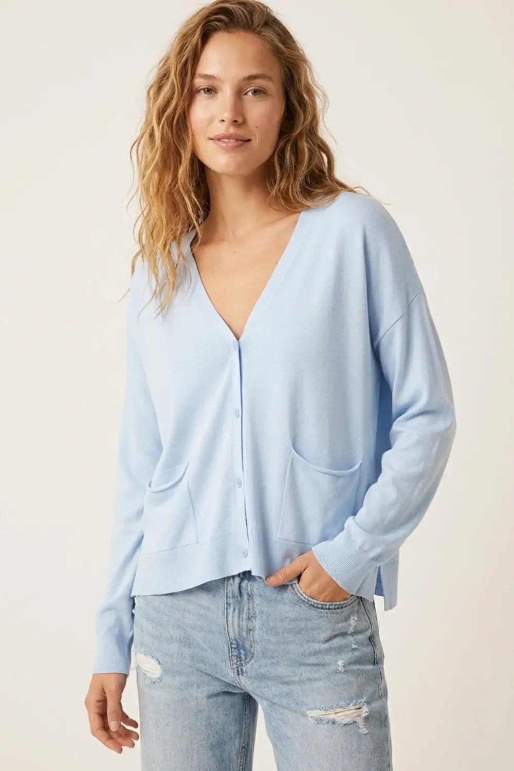 Fine Knit Cardigan with Front Pockets in blue - One Size / Blue