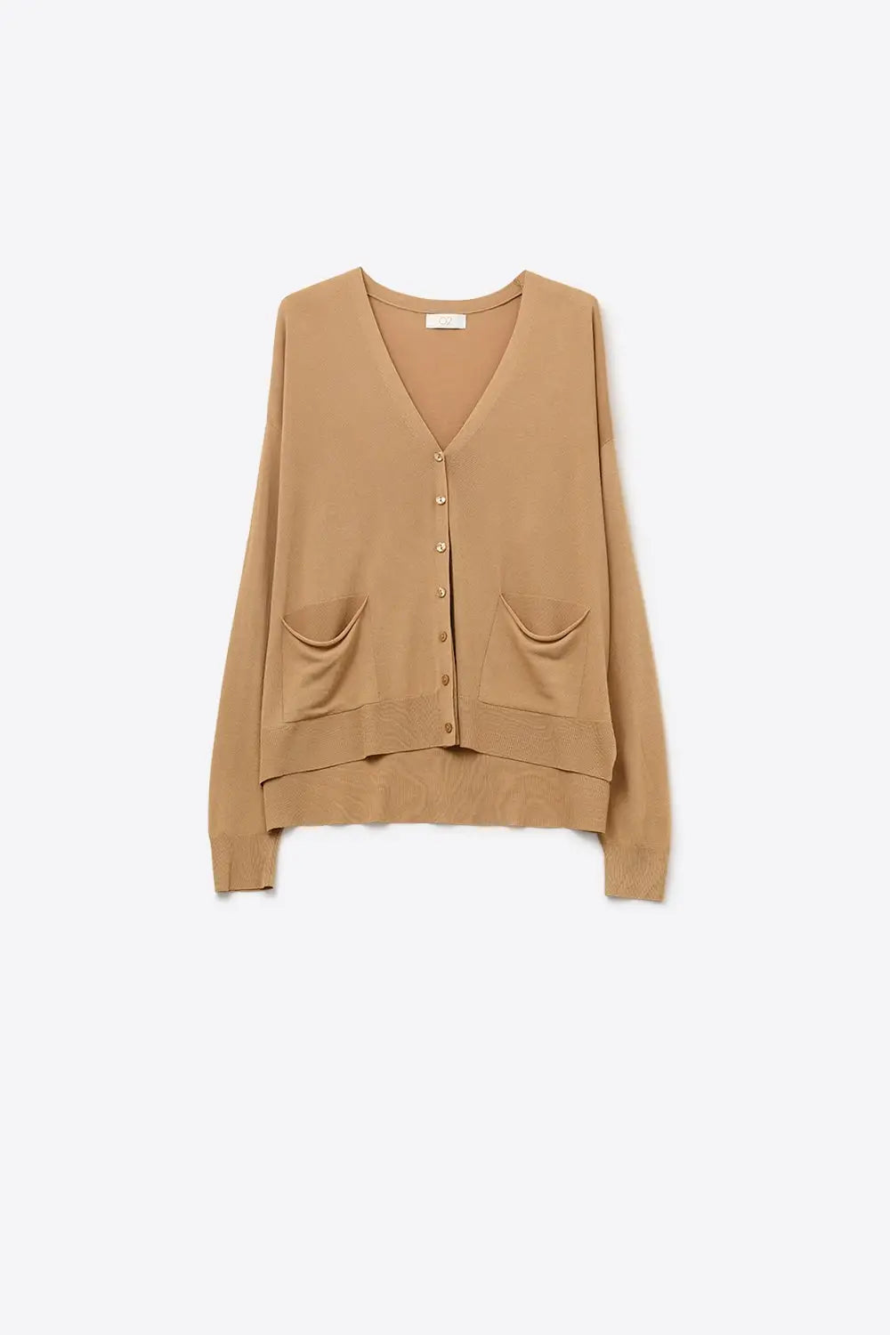 Q2 Fine Knit Cardigan with Front Pockets in Camel