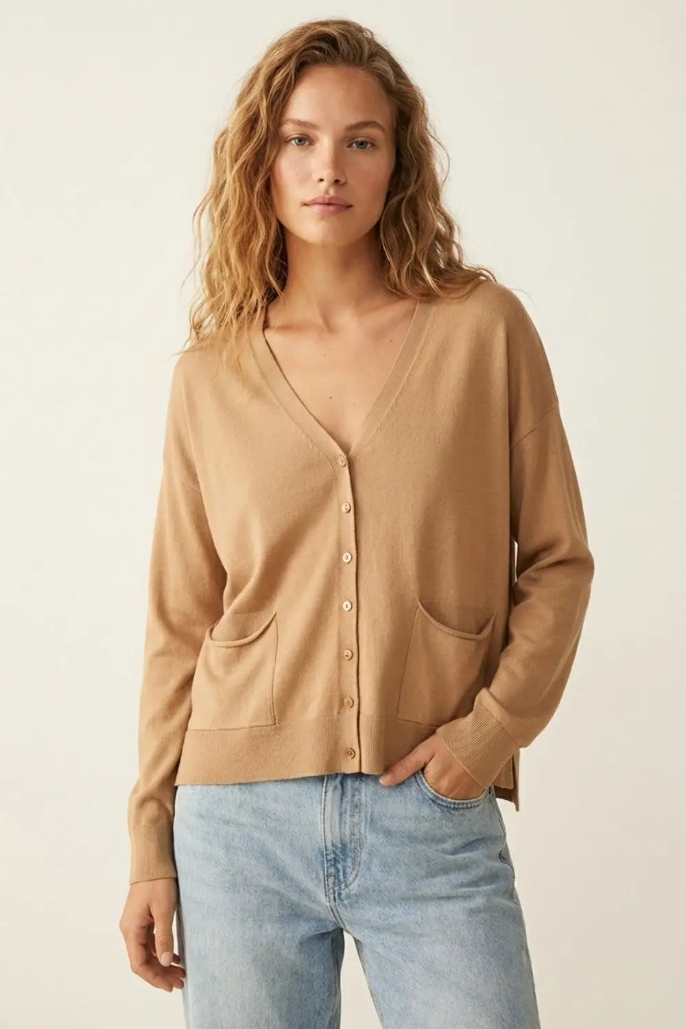 Fine Knit Cardigan with Front Pockets in Camel - One Size / Brown