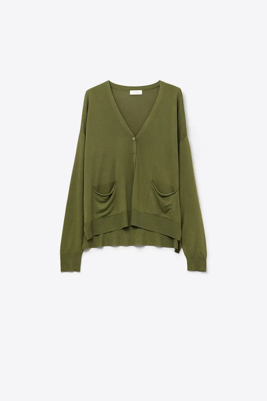 Q2 Fine Knit Cardigan with Front Pockets in khaki