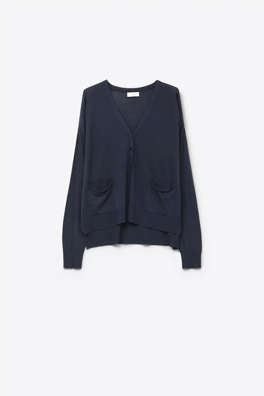 Q2 Fine Knit Cardigan with Front Pockets in navy