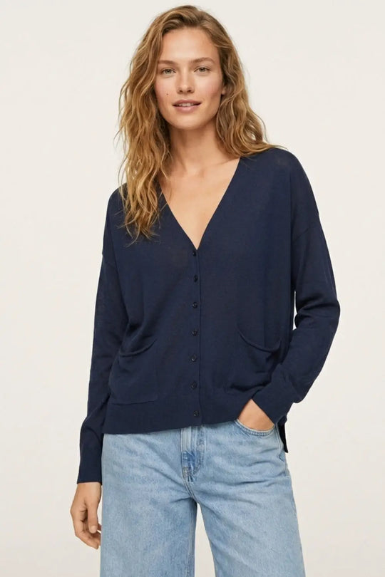 Fine Knit Cardigan with Front Pockets in navy - One Size / Blue