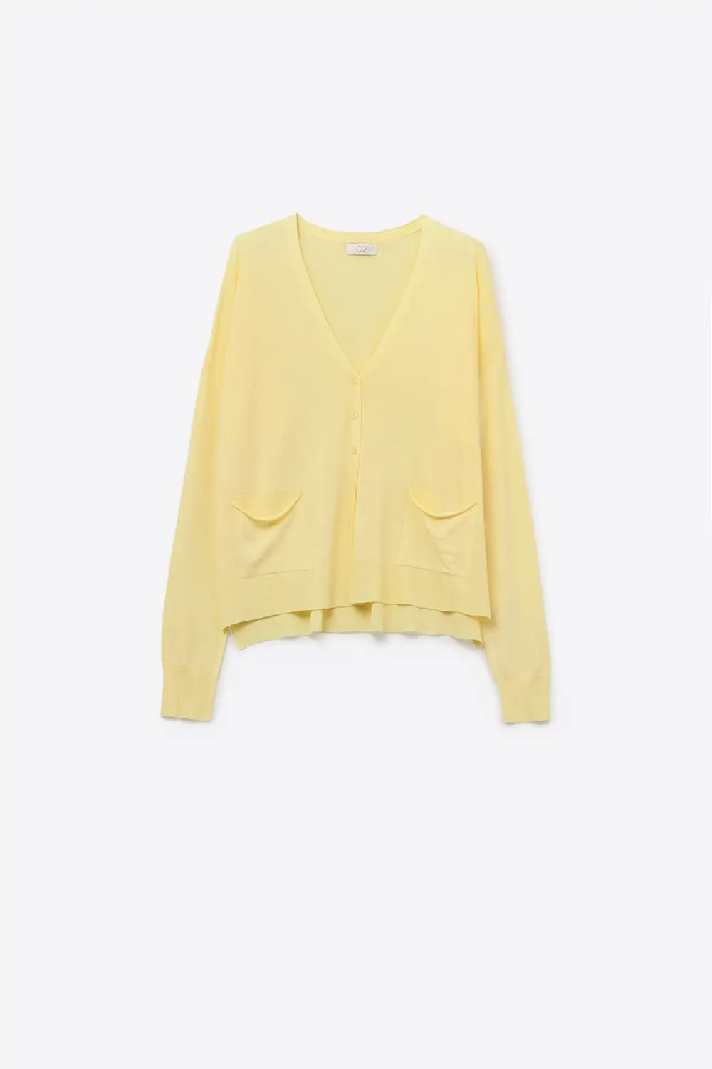 Q2 Fine Knit Cardigan with Front Pockets in Yellow