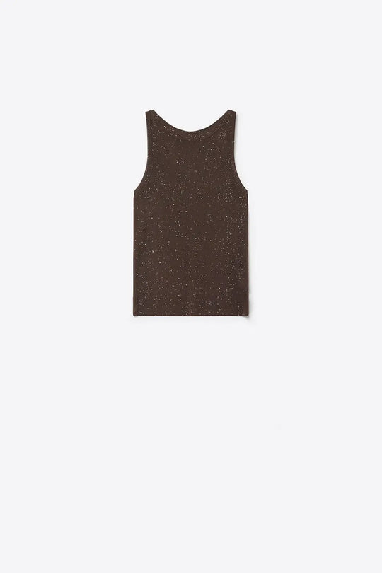 Q2 fine Knit Glitter Sleeveless Top in brown color
