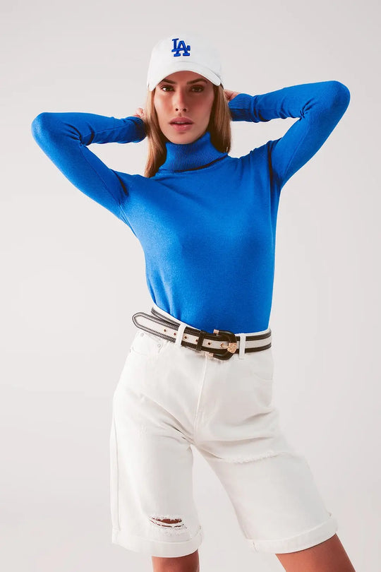 Fine knit high neck jumper in blue - Sweaters