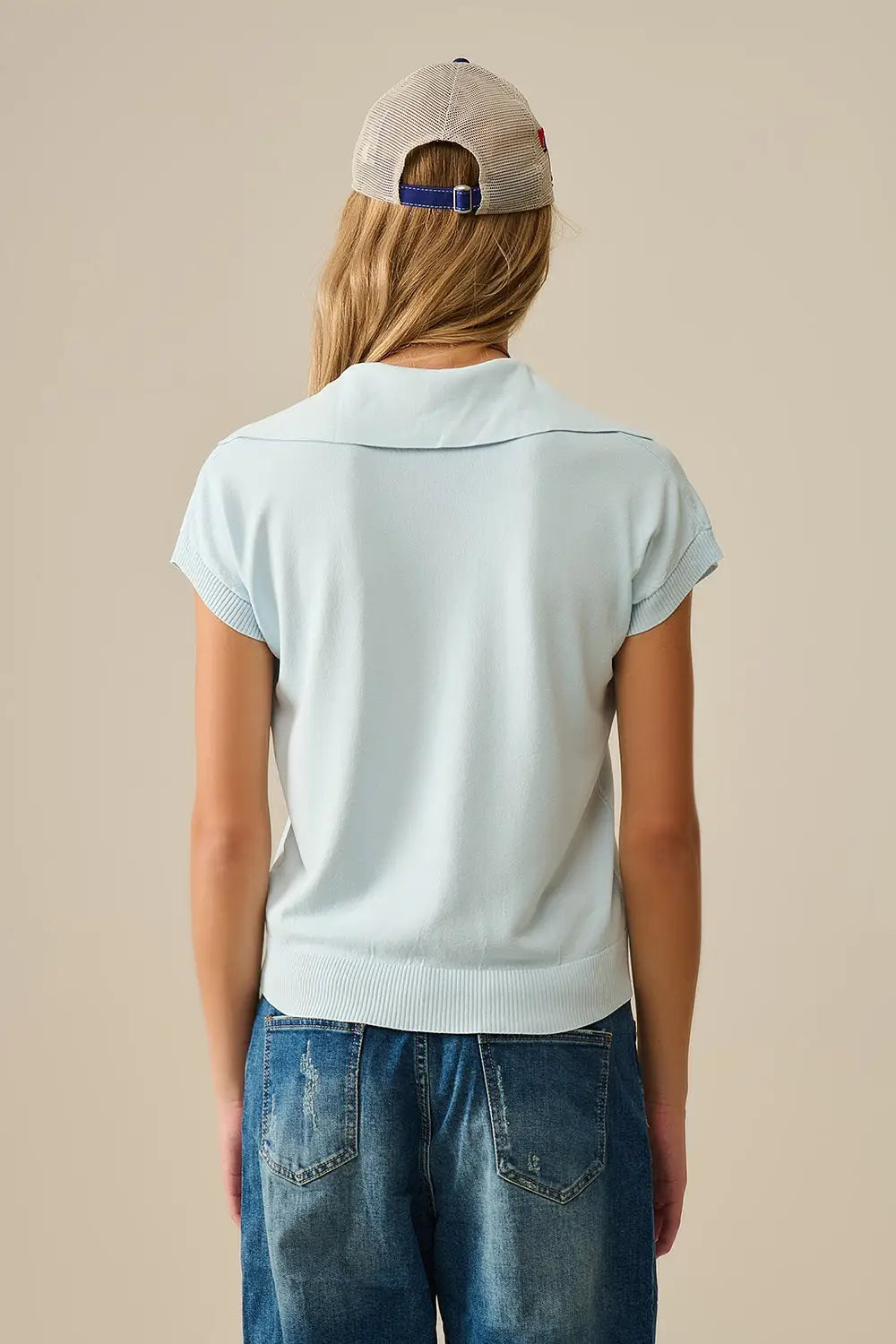 Fine Knit Polo-Style Short Sleeve Top in Baby Blue - One Size / Blue - Sweaters