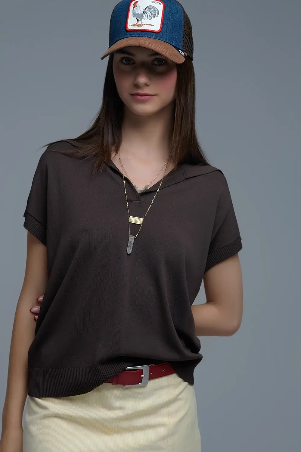 Fine Knit Polo-Style Short Sleeve Top in Brown - One Size / Brown