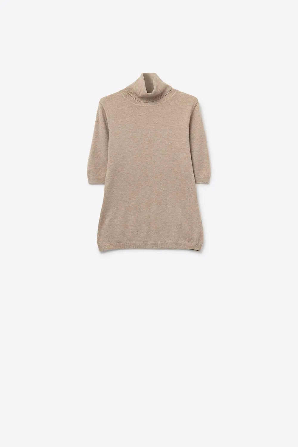 Fine knit sweater in beige with a high neck and elbow-length sleeves - One Size / Beige
