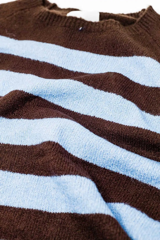 Fine knit sweater in brown with blue stripes - Sweaters