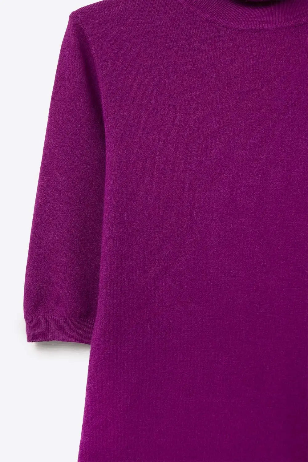 Fine knit sweater in fucsia with a high neck and elbow-length sleeves - One Size / Fuchsia