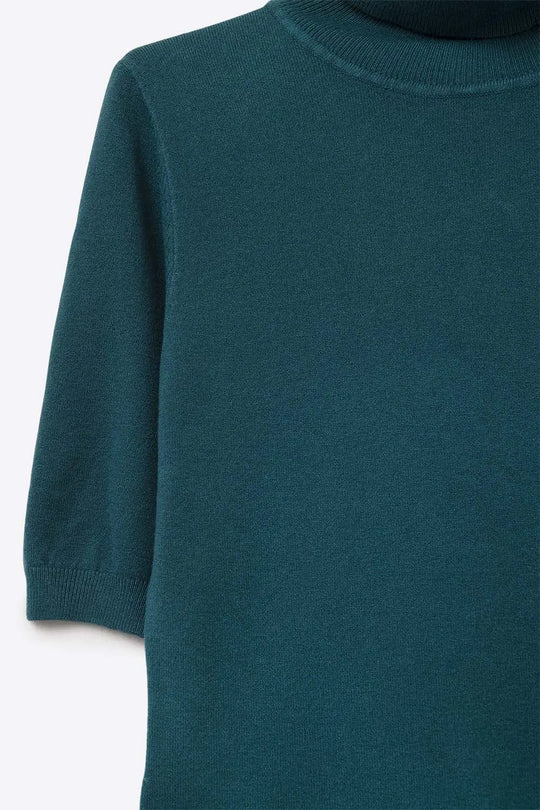 Fine knit sweater in green with a high neck and elbow-length sleeves - One Size / Green