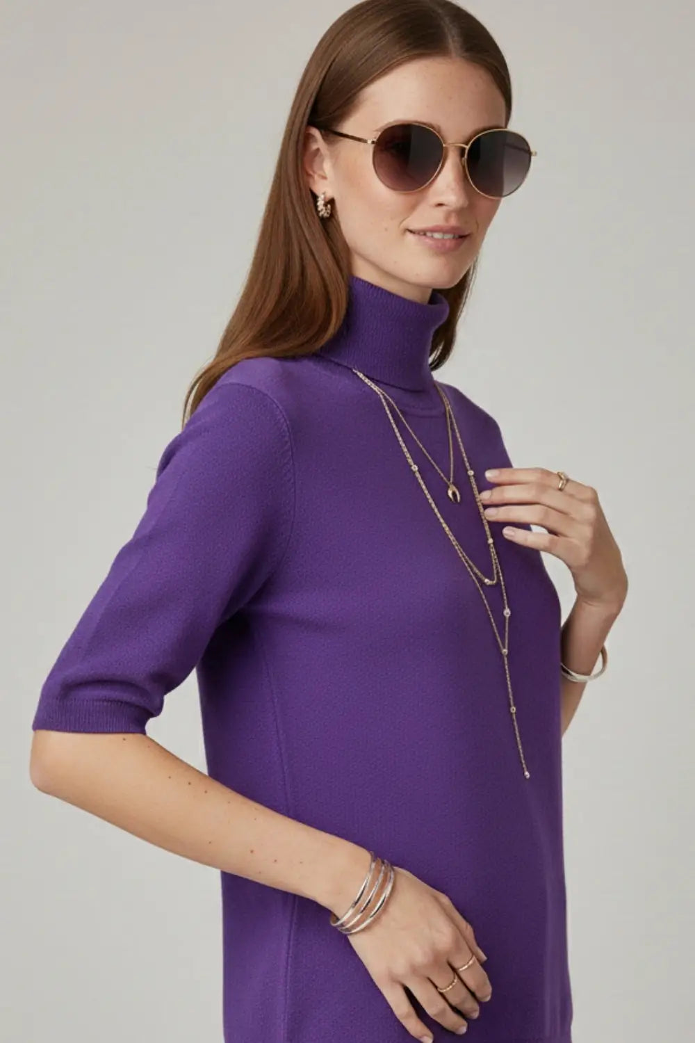 Fine knit sweater in purple with a high neck and elbow-length sleeves - One Size / Purple
