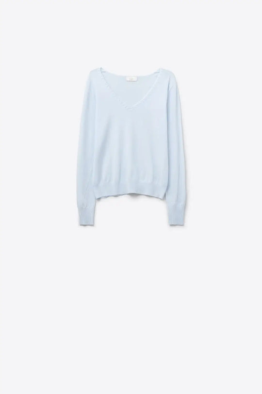 Q2 Fine Knit V-Neck Sweater with Decorative Neckline Detail in blue color