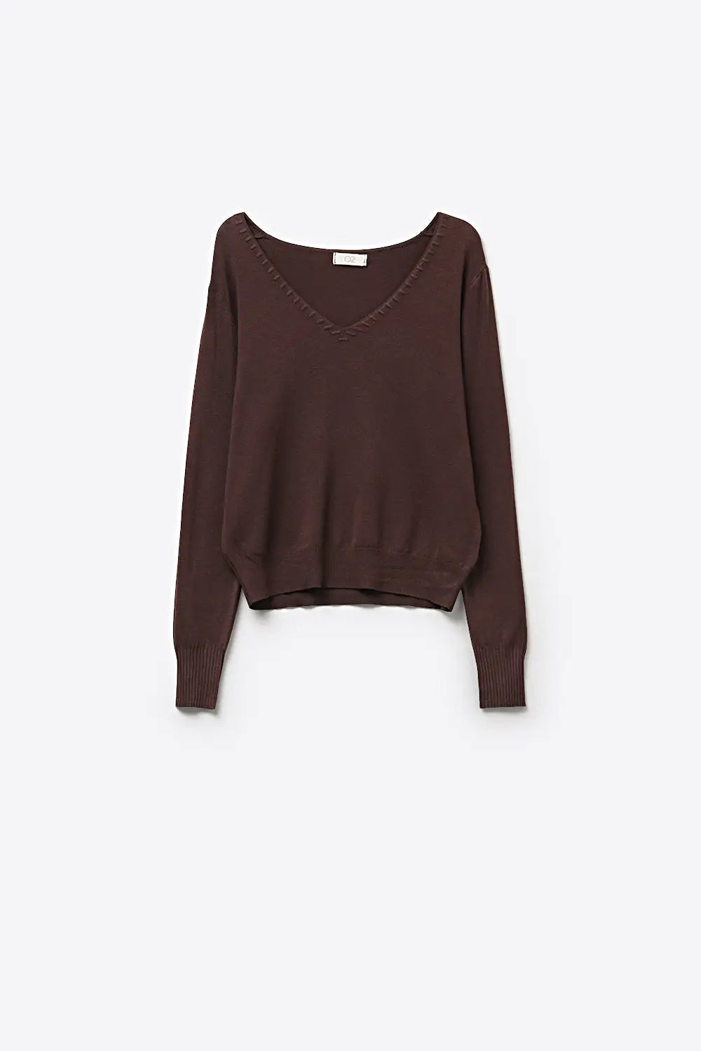 Q2 Fine Knit V-Neck Sweater with Decorative Neckline Detail in brown color