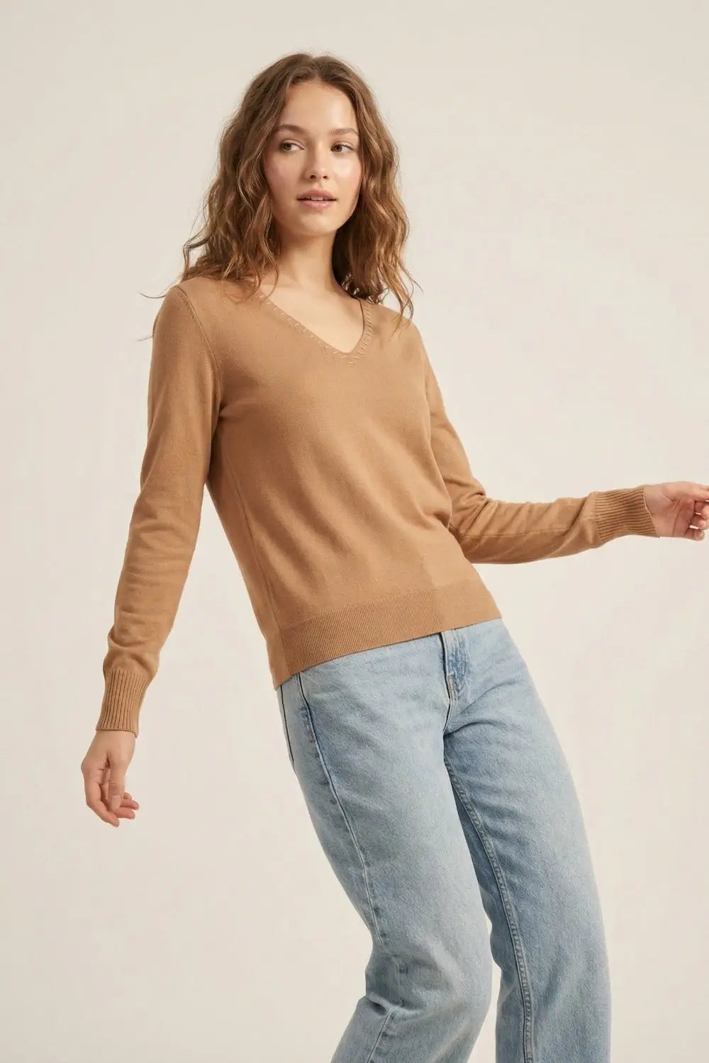 Fine Knit V-Neck Sweater with Decorative Neckline Detail in camel color - One Size / Brown