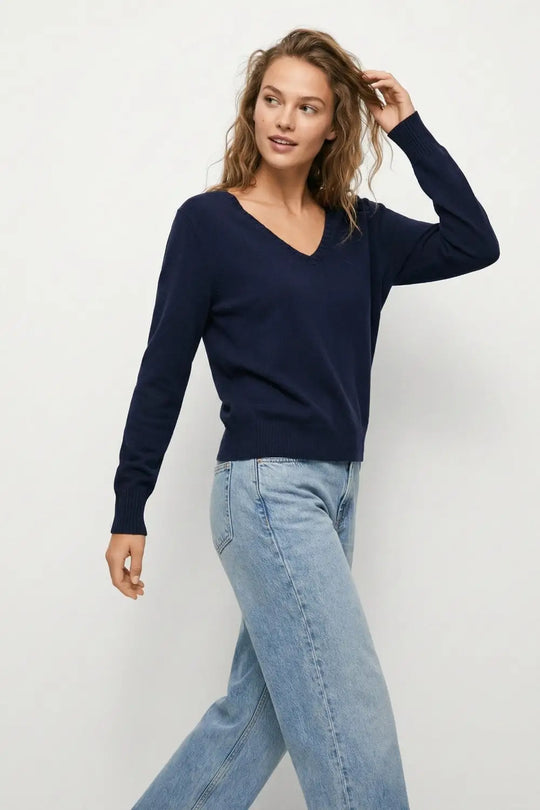 Fine Knit V-Neck Sweater with Decorative Neckline Detail in navy color - One Size / Blue