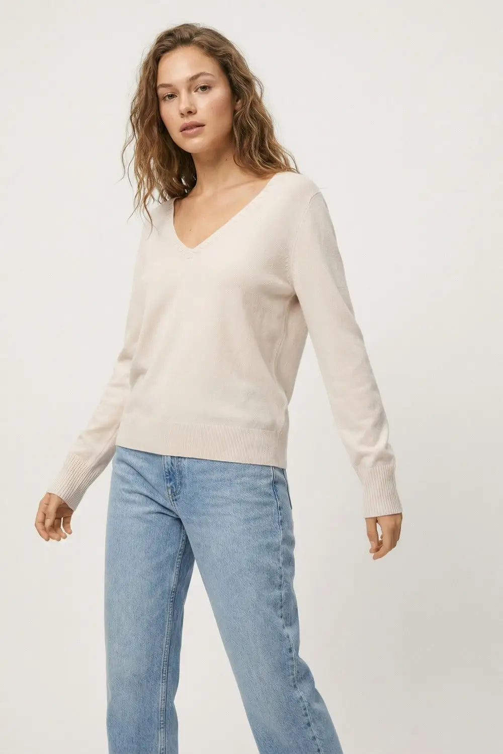 Fine Knit V-Neck Sweater with Decorative Neckline Detail in white color - One Size / White