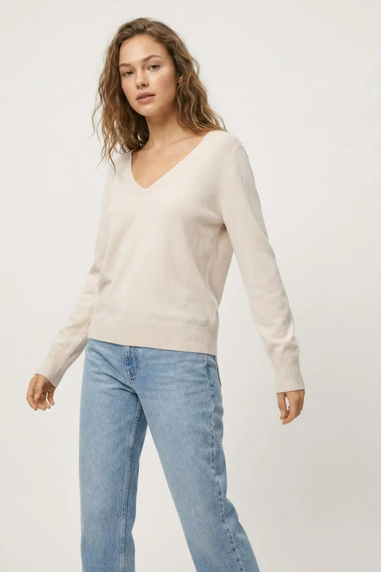 Fine Knit V-Neck Sweater with Decorative Neckline Detail in white color - One Size / White