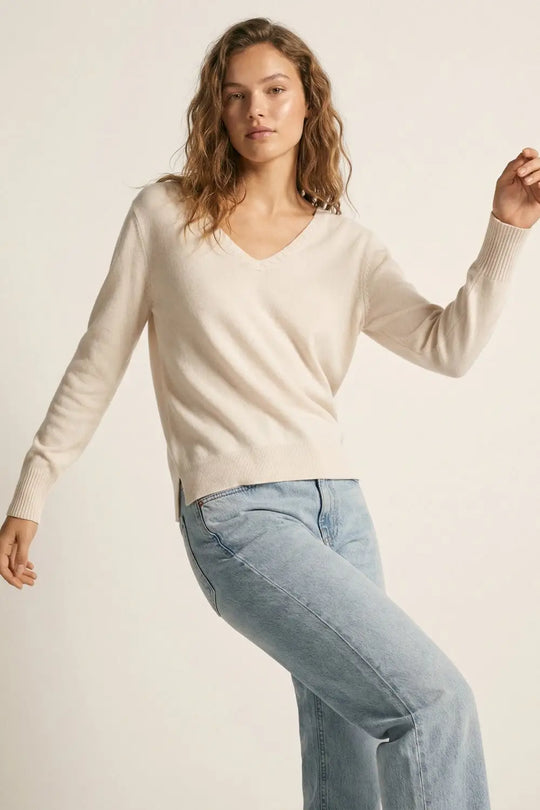 Fine Knit V-Neck Sweater with Decorative Neckline Detail in white color - One Size / White