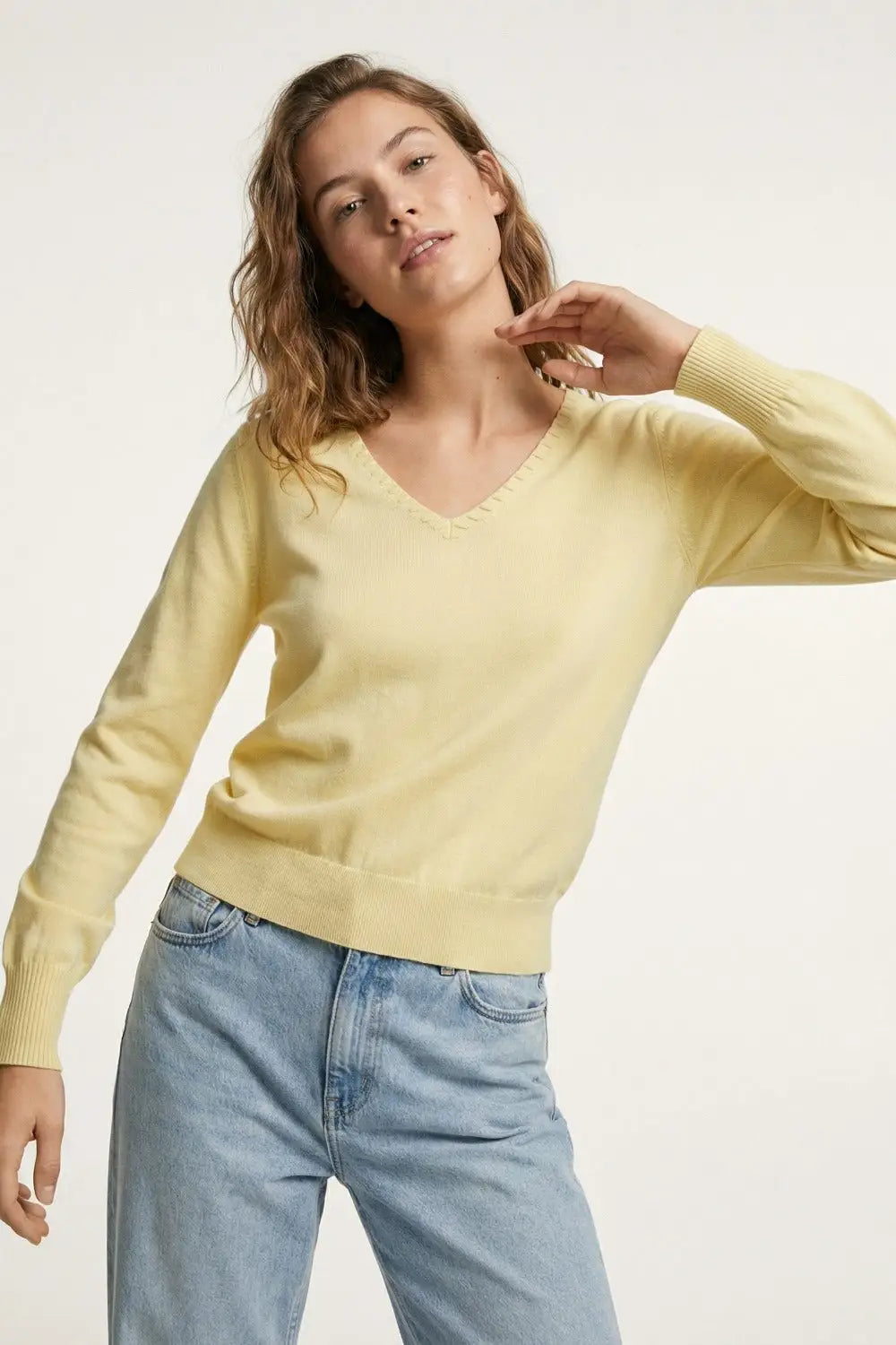 Fine Knit V-Neck Sweater with Decorative Neckline Detail in yellow color - One Size / Yellow