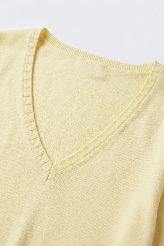 Fine Knit V-Neck Sweater with Decorative Neckline Detail in yellow color - One Size / Yellow