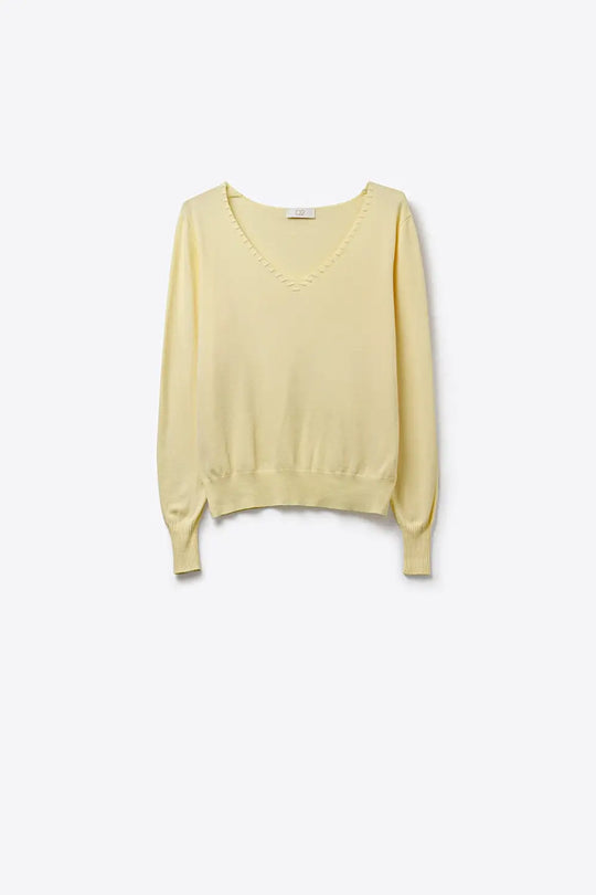 Q2 Fine Knit V-Neck Sweater with Decorative Neckline Detail in yellow color
