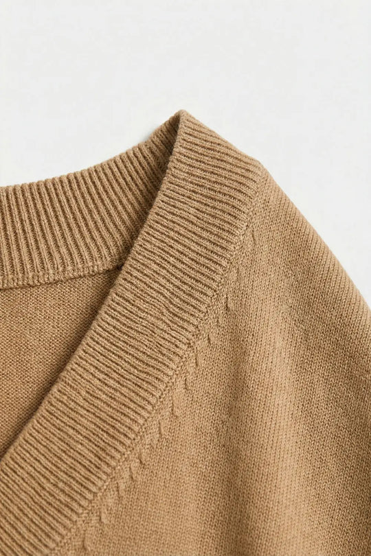 Fine Lightweight Knit Sweater with Wide V-Neck in camel - One Size / Brown
