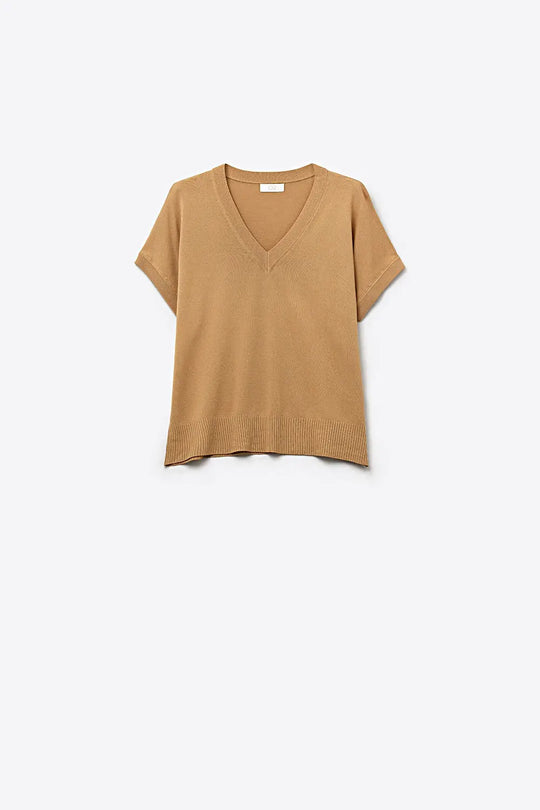 Q2 Fine Lightweight Knit Sweater with Wide V-Neck in camel