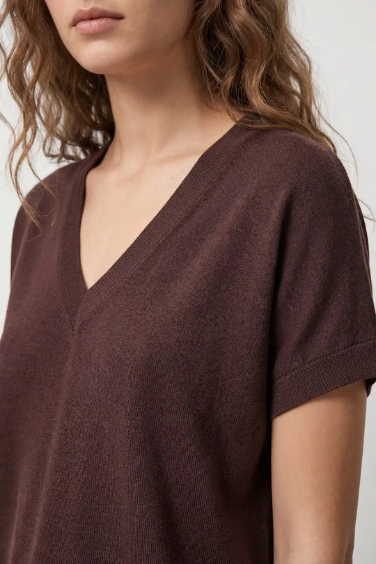 Fine Lightweight Knit Top with Wide V-Neck in brown - One Size / Brown